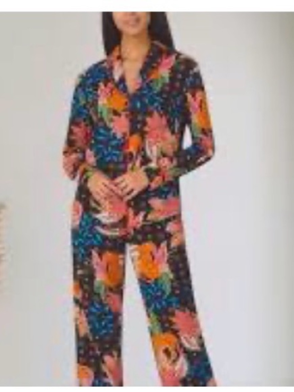 Room Service Tiger Botanical Print Cozy Pj Set Shawl Collar Black Medium